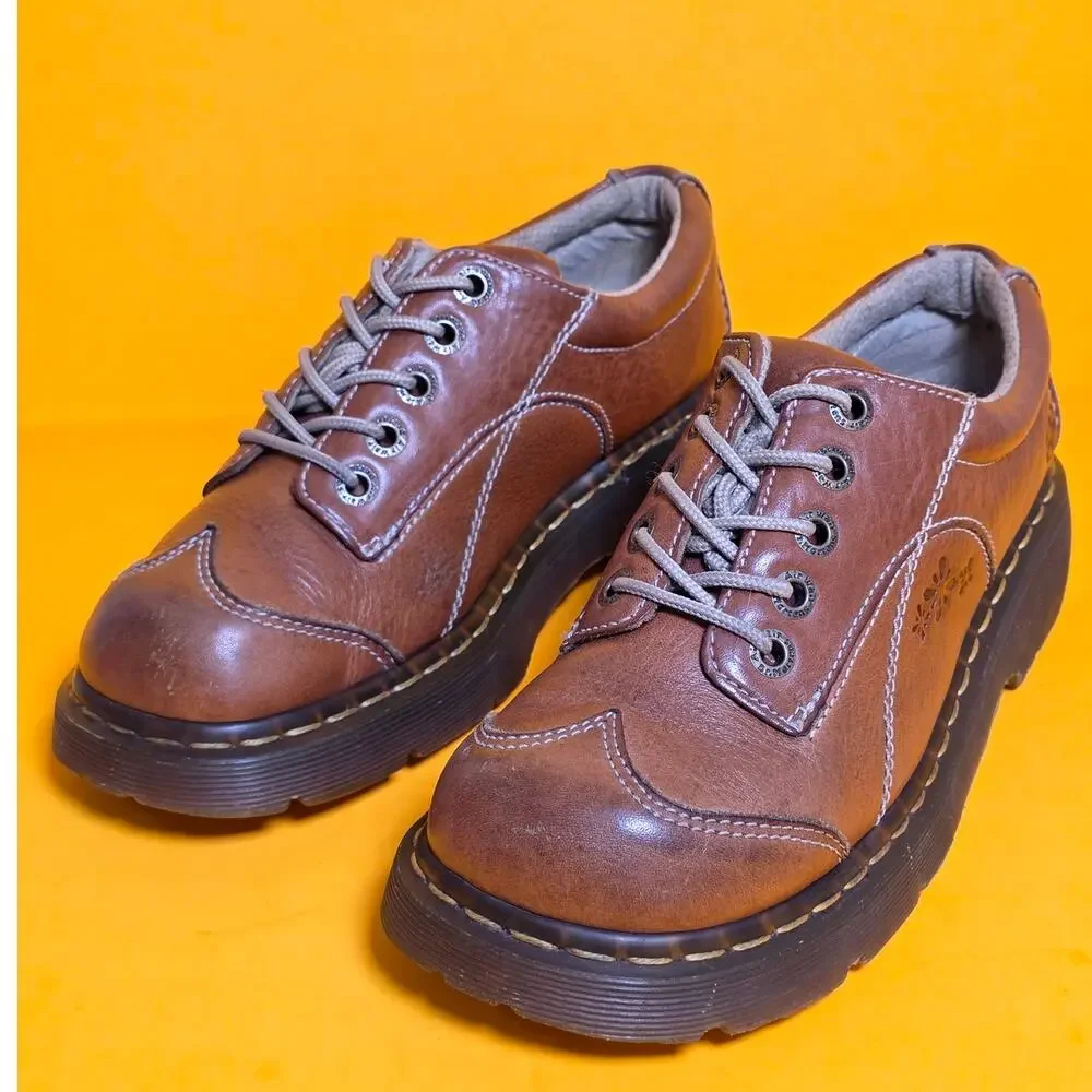 Vintage Dr Martens 12280 Daisy Splat Light Brown Chunky Platform Oxfords US9 Y2K